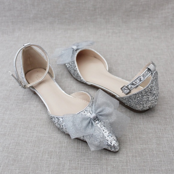 Rock Glitter Pointy Toe Flats with Organza Bow - Picture 8 of 11